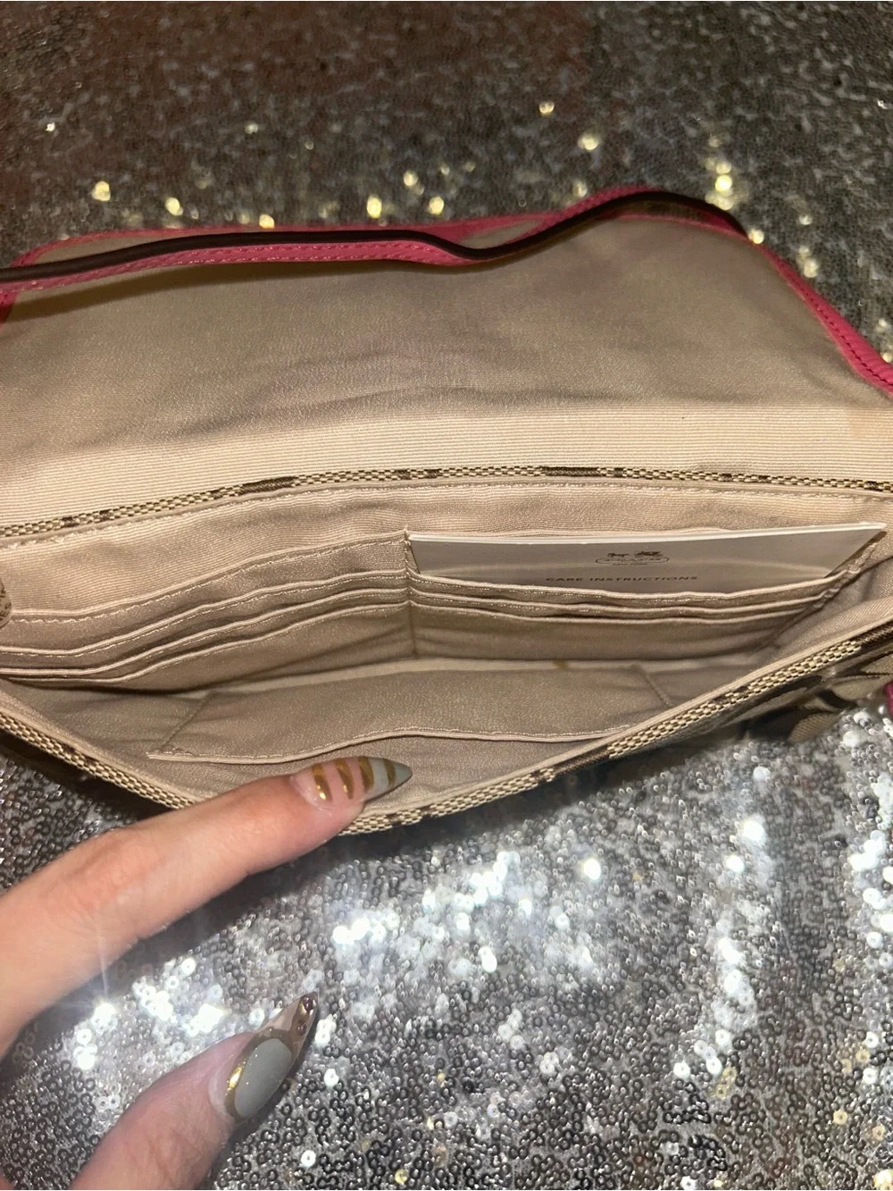 Coach Brown Signature Canvas Wristlet with Pink Trim